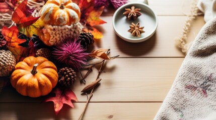 Autumn still life with pumpkins, dry leaves, knitted plaid and cup of coffee on wooden background