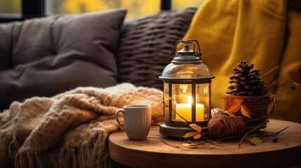 Fototapeta na wymiar Lantern with burning candle and cup of coffee on wooden table