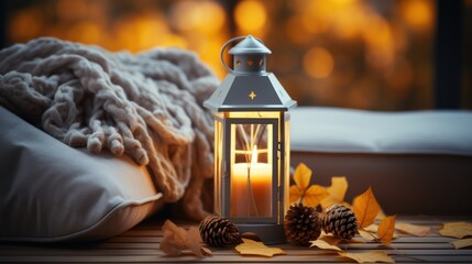 Fototapeta na wymiar Lantern with burning candle, plaid and autumn leaves on wooden background