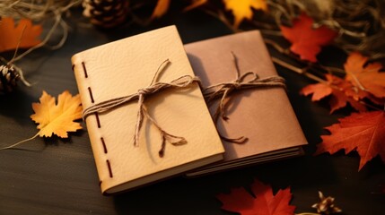 Autumn still life with note book and autumn leaves on wooden background