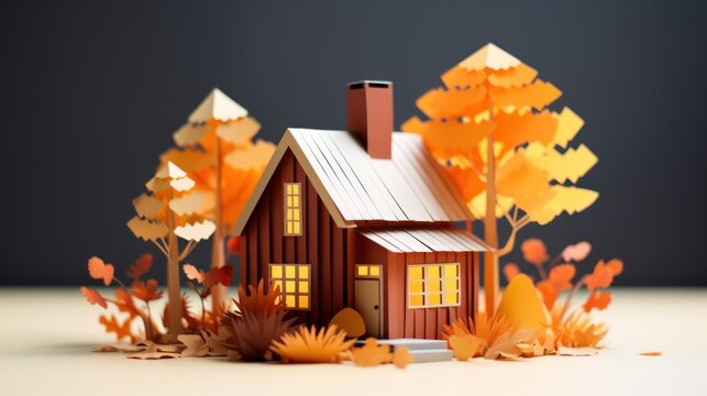 Autumn background with house and autumn leaves