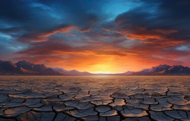 Fiery Sunset Over Cracked Desert and Mountains