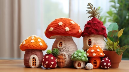 Handmade crocheted toy houses on wooden table, closeup