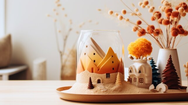 Toys in glass jar on wooden table. Decoration in living room