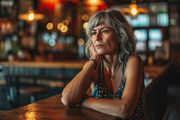 Moments of solitude: Mature woman reflecting in a crowded cafe - obrazy, fototapety, plakaty