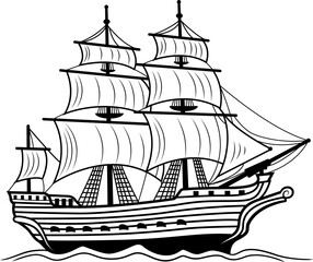 A black and white drawing of a vintage sailing ship