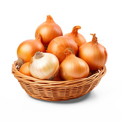 Onions in a basket isolated on white background.