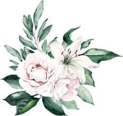 Watercolor Bouquet with Lily, Roses and Leaves