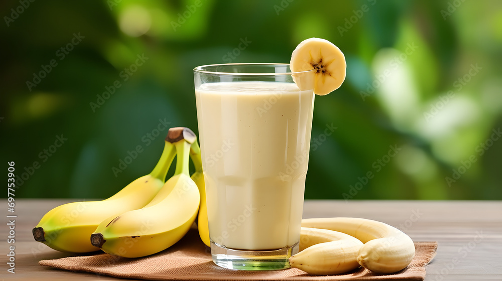 Wall mural food photography background - healthy banana smoothie milkshake in glass with bananas on table