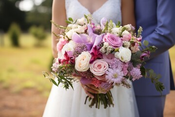 Beautiful fresh bouquet of flowers in the hands of the bride with the groom close-up