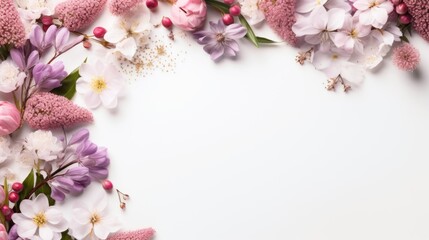 Spring flowers on white background with copy space. Flat lay, top view