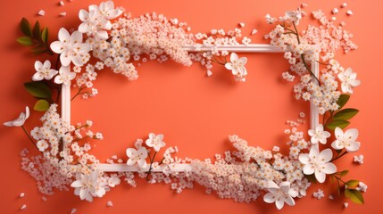 Frame made of beautiful cherry blossoms on color background