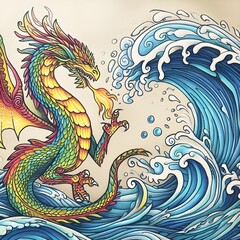 Dragon with a wave in the background, kids drawing
