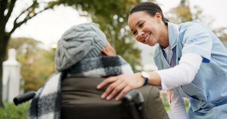 Nurse, support and park with old woman in a wheelchair for retirement, elderly care and physical...