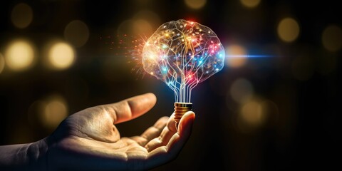 Fototapeta premium Artificial Intelligence. AI, machine learning, Abstract, Hand of robotic holding Glowing colorful brain circuit in light bulb on big data processing, deep learning, innovation Science and technology