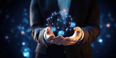  Blockchain technology and network concept. Businessman holding text blockchain in hand with icons network connection on blue security and digital connection background 