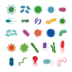 Virus, bacteria, microbes, germs, disease, causing isolated set. - obrazy, fototapety, plakaty
