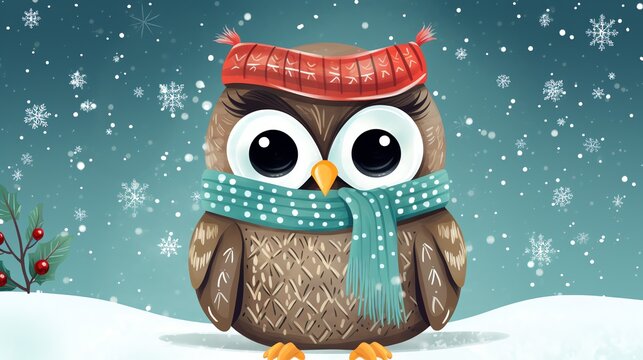 a cartoon of an owl wearing a scarf and hat