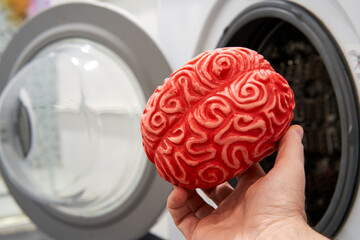 Hand Putting a Rubber Brain in a Washing Machine, Brainwashing Concept.