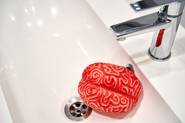 Red Rubber Human Brain under a Sink Faucet, Brainwashing Concept.