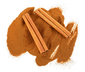 Cinnamon sticks with powder isolated on a white background, top view.