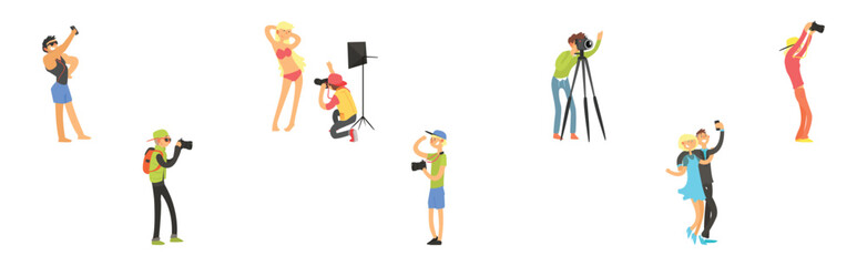 Professional Photographer with Camera Take Photo Vector Set