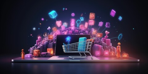 Digital online marketing commerce sale concept.online shopping and icon customer network connection on hologram virtual screen, m-banking and omni channel - obrazy, fototapety, plakaty
