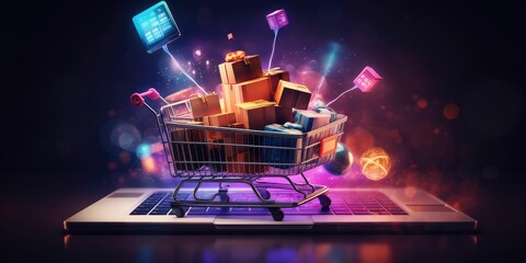 Digital online marketing commerce sale concept.online shopping and icon customer network connection on hologram virtual screen, m-banking and omni channel