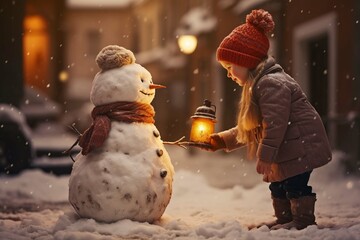 Photography, children building snowman in the winter, winter atmosphere, a lot of snow, winter small village, happiness, Christmas atmosphere, ultrarealistic