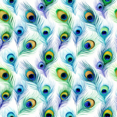 Obraz premium Watercolor Peacock Feather Seamless Pattern, Aquarelle Plumage, Watercolor Exotic Feather Tile