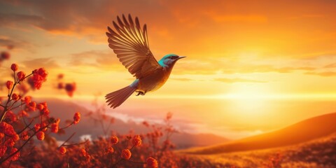 Fototapeta premium free bird enjoying nature on sunset background, hope concept