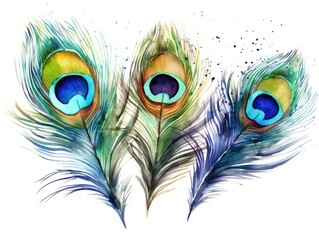 Obraz premium Watercolor Peacock Feather Isolated, Aquarelle Plumage, Creative Watercolor Exotic Feather Texture