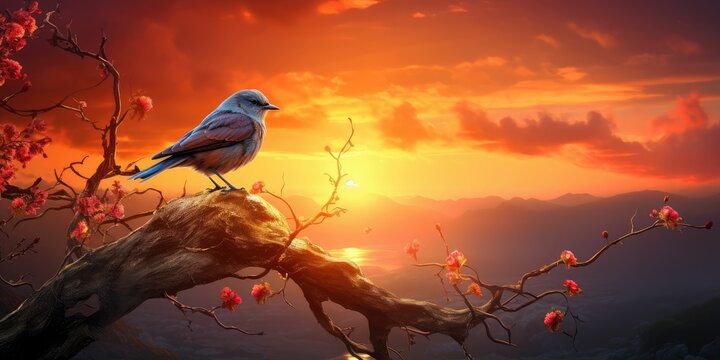 free bird enjoying nature on sunset background, hope concept