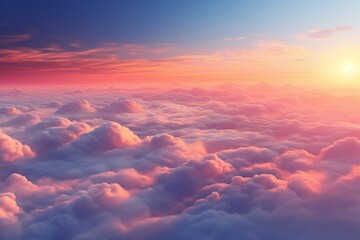 Sunset, sunrise, sky with clouds at twilight, dusk, dawn, flying above the clouds, over the clouds, plane, orange clouds, pink clouds, sunlight, heaven, pastel colors, sky background, cirrus clouds