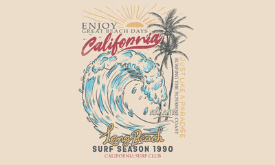 Sunshine beach club graphic print design for t shirt print, poster, sticker and other uses. California long beach . Ocean wave. Palm tree  print artwork. Good vibes.  - obrazy, fototapety, plakaty