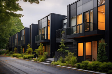 Fototapeta na wymiar Contemporary Urban Dwellings: Stylish Modular Black Homes