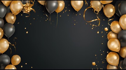 Black and silver balloons with gold confetti on black background - obrazy, fototapety, plakaty