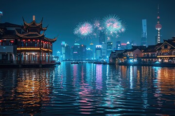 Obraz premium Houses on the waterfront, which are decorated with traditional Chinese paper lanterns, olorful fireworks exploding over Chinese skyscrapers in Shanghai on New Year