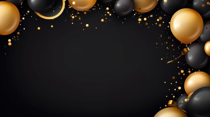 Black and golden balloons with gold frame on black background - obrazy, fototapety, plakaty