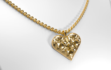 Gold heart shaped pendant with floral pattern on a chain. 3d illustration