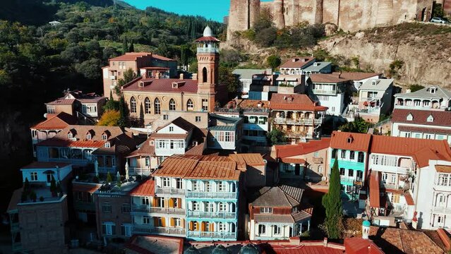 Beautiful morning cityscape of old Tbilisi at sunny day .
