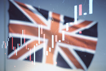 Multi exposure of virtual abstract financial diagram on flag of Great Britain and blue sky...