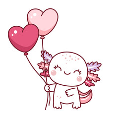 Obraz premium The cute axolotl holds heart balloons. Valentine's day. Kawaii style. Doodle. 
