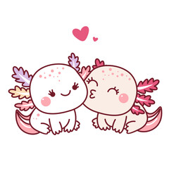 valentine's day. Kawaii style. One axolotl kisses another axolotl.