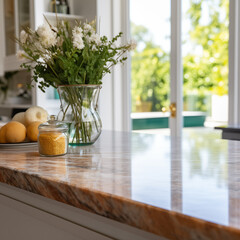 Side view of empty brown marble counter top for product display, blurred minimal kitchen interior background. White and clean ambiance with natural light.