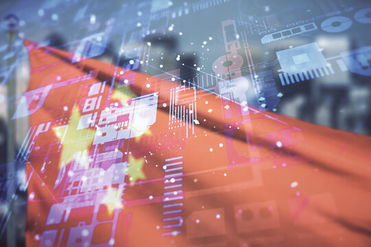 Double exposure of abstract programming language interface on flag of China and blurry skyscrapers background, research and development concept