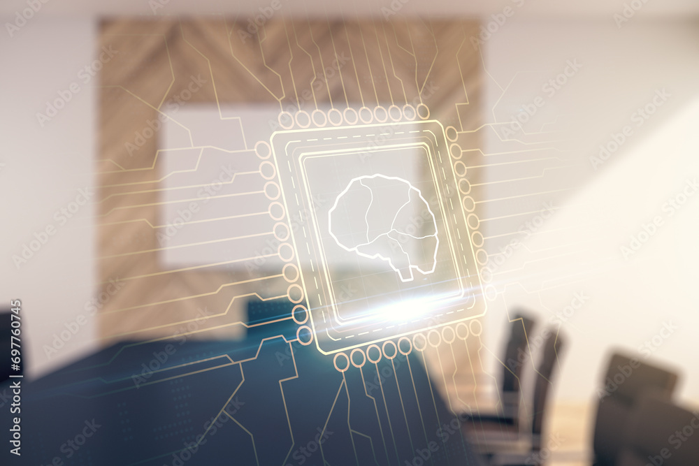 Aufkleber double exposure of creative artificial intelligence interface on a modern meeting room background. n