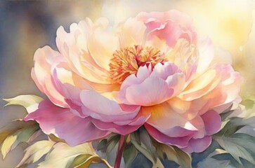 Watercolor beautiful pink peony flower on soft sunny background. AI generated - obrazy, fototapety, plakaty