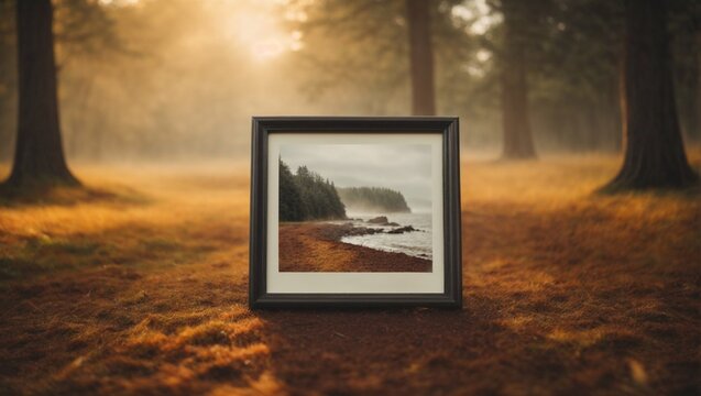 Nature versus technology. Minimal abstract idea of a nature captured in photo frame in landscape. Environmental protection or tranquility and peace of mind concept. Copy space.