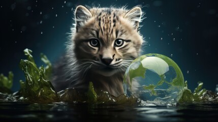 Obraz premium Cute little kitten with crystal ball and seaweed on dark background